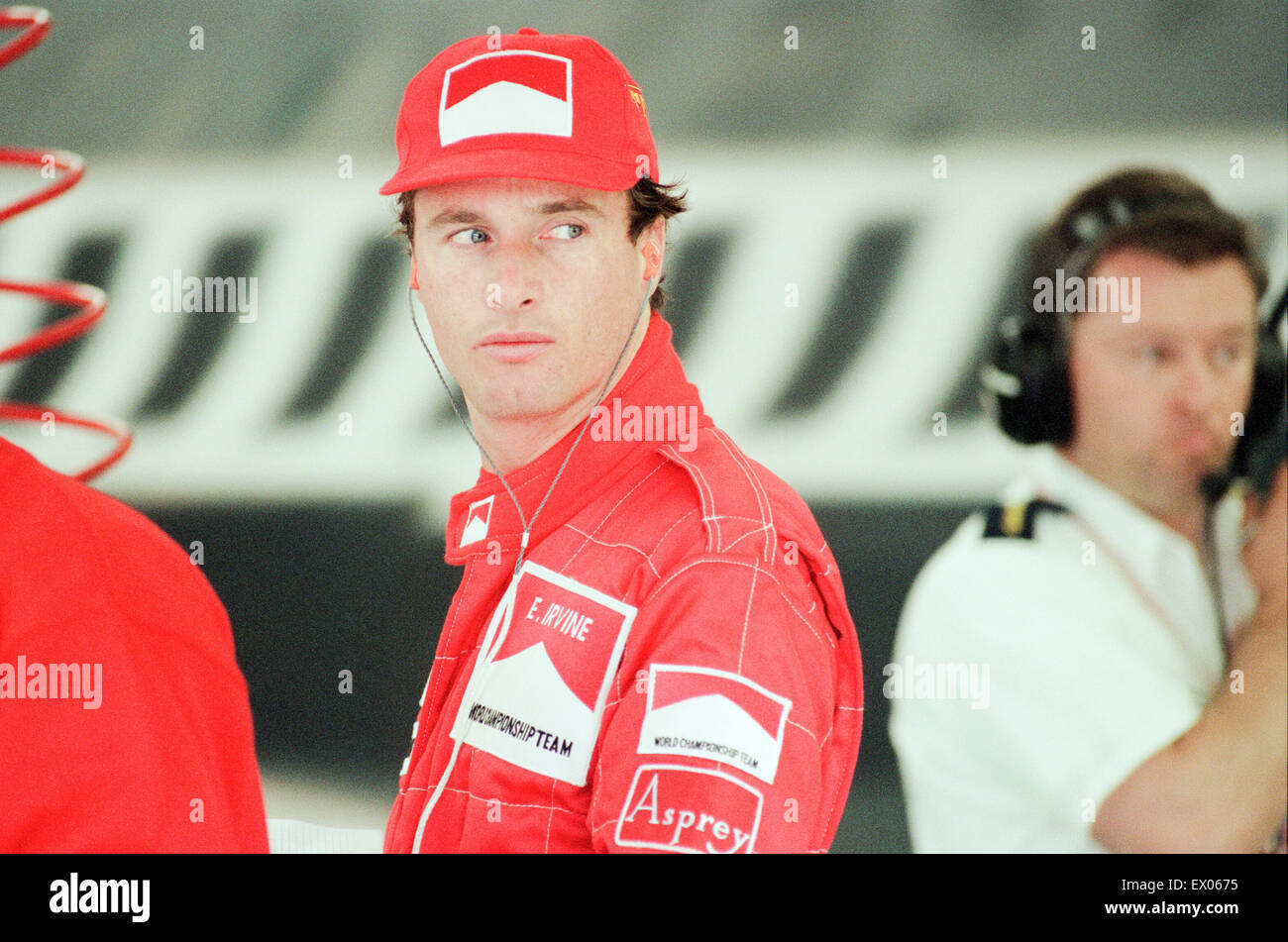 Eddie Irvine, Ferrari Motor Racing Driver, pictured at Qualifying session, British Grand Prix, Silverstone Circuit, Silverstone, Saturday 13th July 1996. Stock Photo