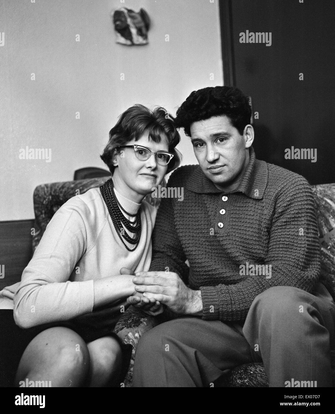 Ian Spencer, back home with wife Margery, 10th March 1966. The former Railway Fireman will NOT be tried for the murder of Elsie Frost, three magistrates have decided. Spencer 33, had been committed for trial, In custody, on a coroners warrant, after an in Stock Photo