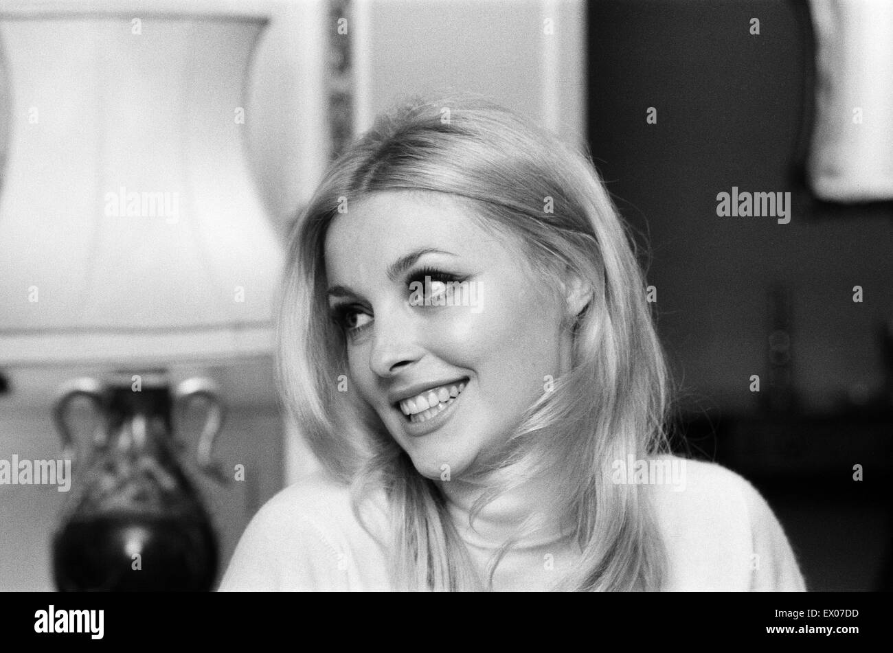 Sharon Tate, Actress and Model, aged 22 years old, pictured at her apartment in Belgravia, London, Friday 15th October 1965. Stock Photo