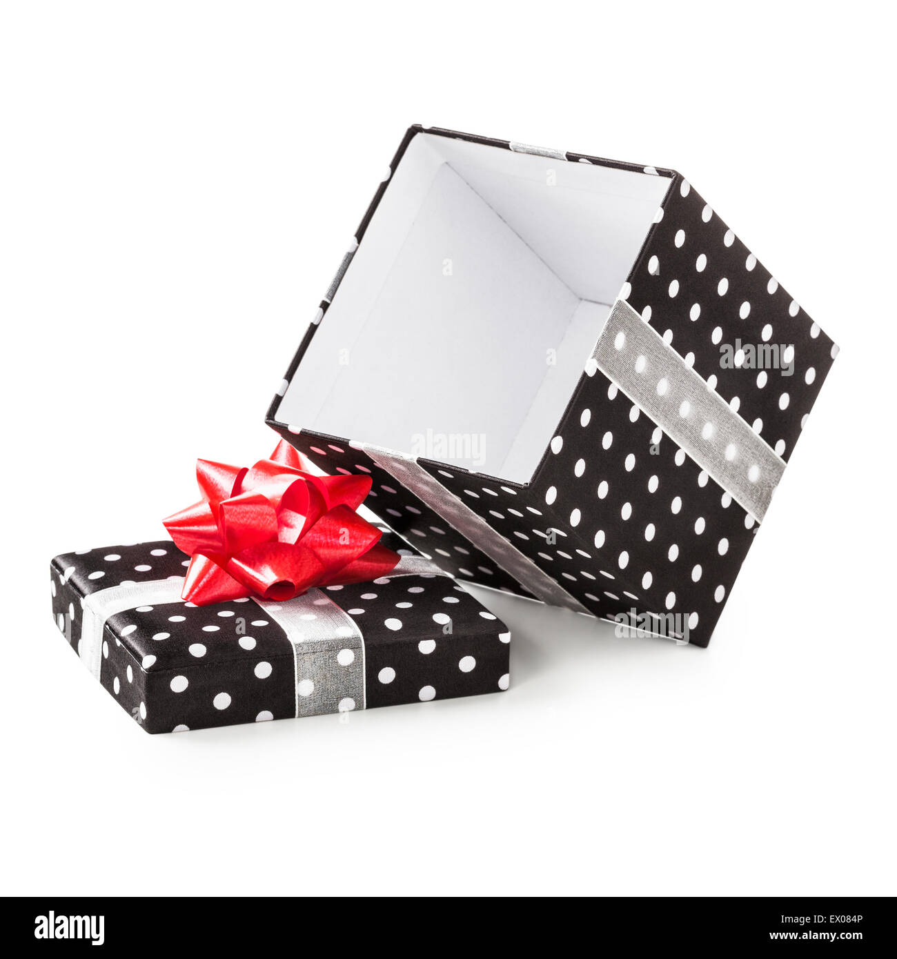 Black box with red filler and ribbon isolated on white Stock Photo - Alamy
