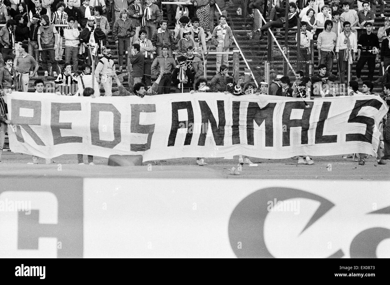 Juventus 1-0 Liverpool, 1985 European Cup Final, Heysel Stadium, Brussels, Wednesday 29th May 1985. Crowd Violence.  Red Animals Banner. Stock Photo
