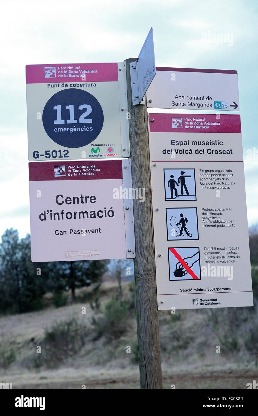 Information panels in the Croscat Volcano. Garrotxa Volcanic Zone Natural Park. La Garrotxa. Girona. Catalonia. Spain. Stock Photo
