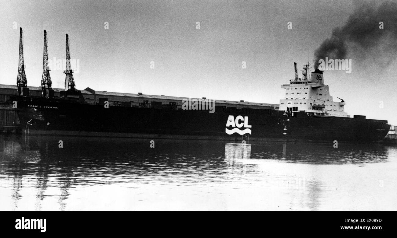 The Atlantic Conveyor, a British merchant navy ship, which was requisitioned during the Falklands War. She was hit on 25 May 1982 by two Argentine air-launched AM39 Exocet missiles, killing 12 sailors. Canada Dock, 14th April 1982. Stock Photo