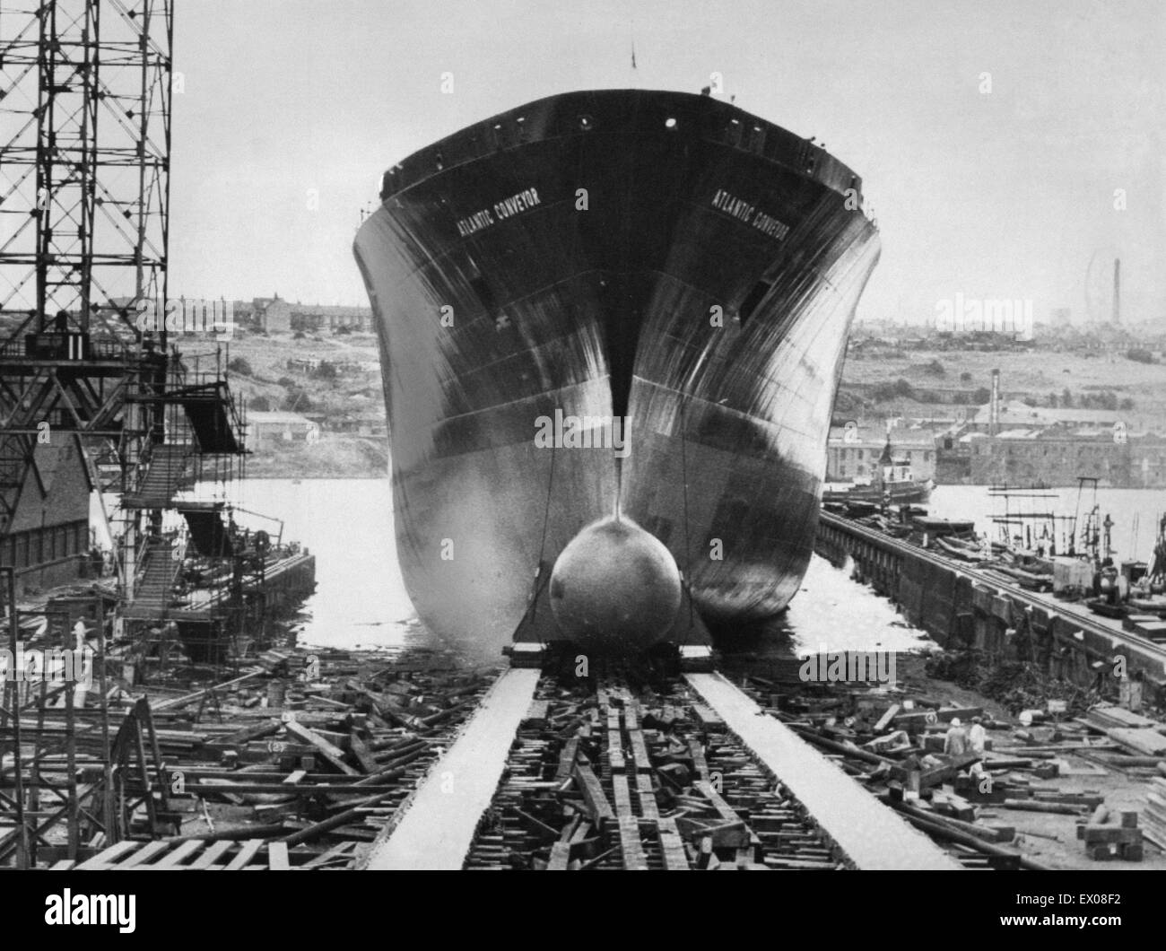 The launch of the Cunard container ship Atlantic Conveyor, at Wallsend on Tyne. Atlantic Conveyor was later requisitioned during the Falklands War. She was hit on 25 May 1982 by two Argentine air-launched AM39 Exocet missiles, killing 12 sailors. August 1 Stock Photo