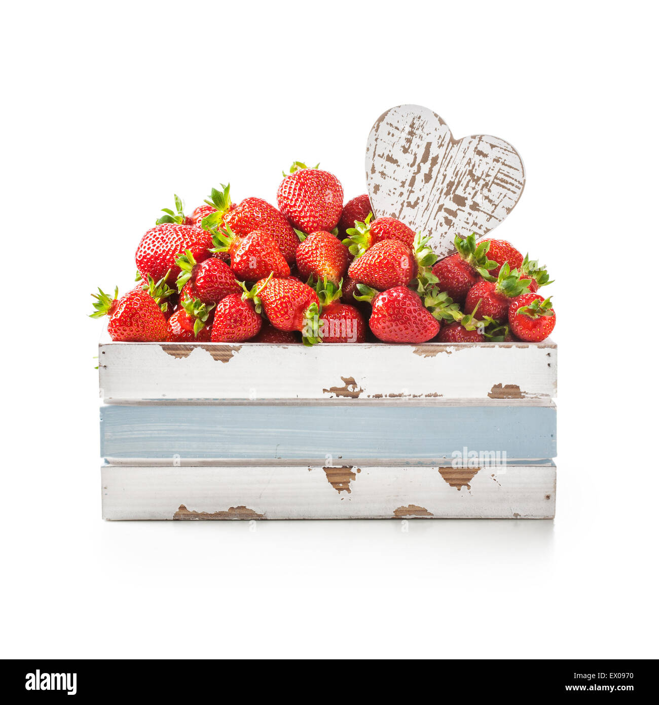 Fresh Strawberries With Heart Decoration In Old Wooden Crate