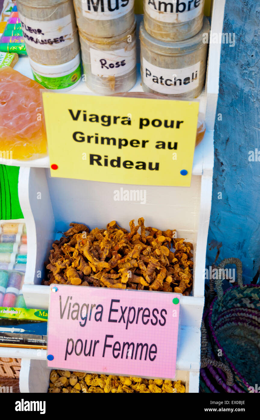 Herbal Viagra for men and women, spice market, Mellah, Jewish quarter, Essaouira, Atlantic coast, Morocco, northern Africa Stock Photo