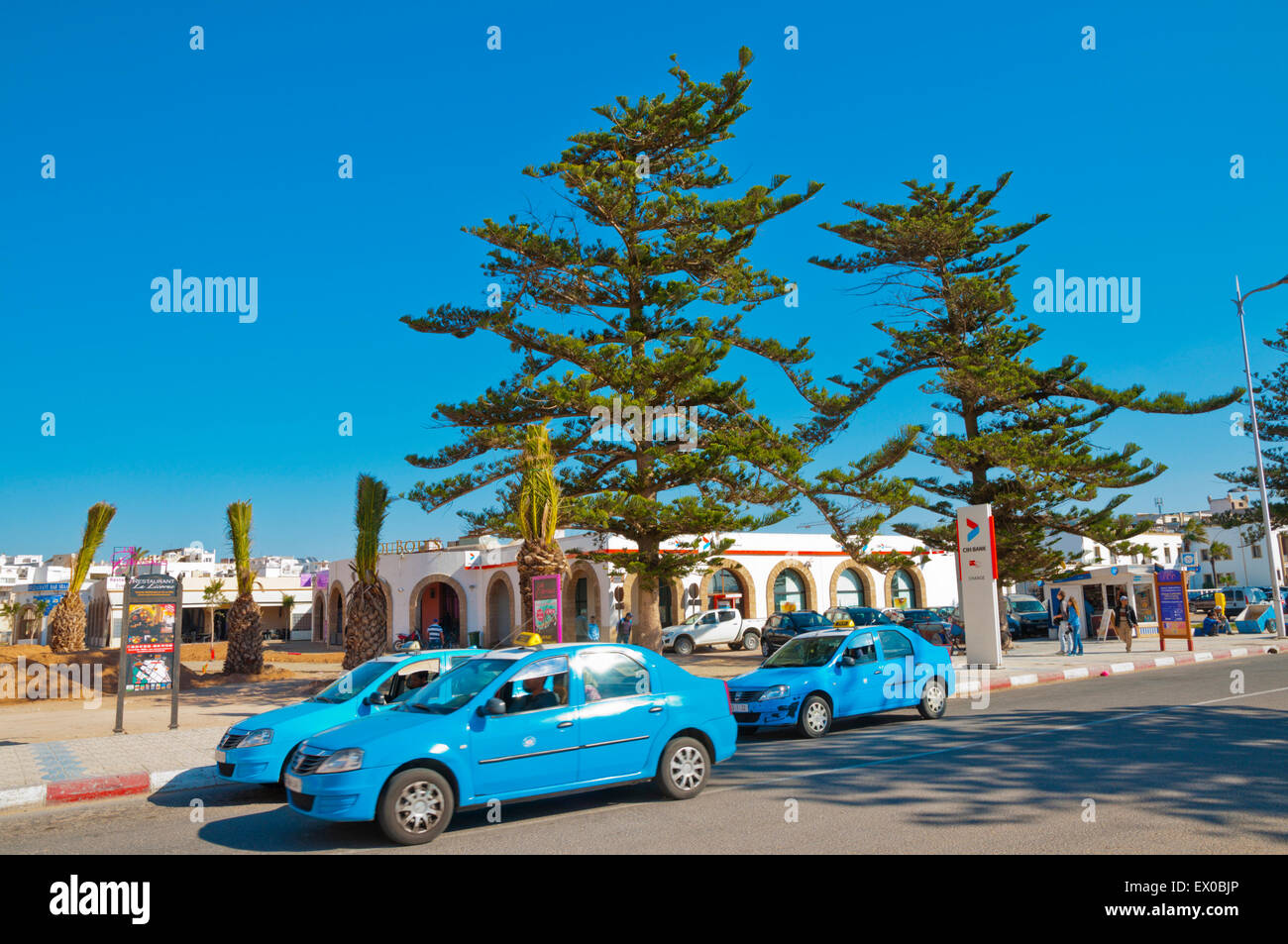 Petit taxis outside the medina, Bab es Sebaa gate, Essaouira, Atlantic coast, Morocco, northern Africa Stock Photo