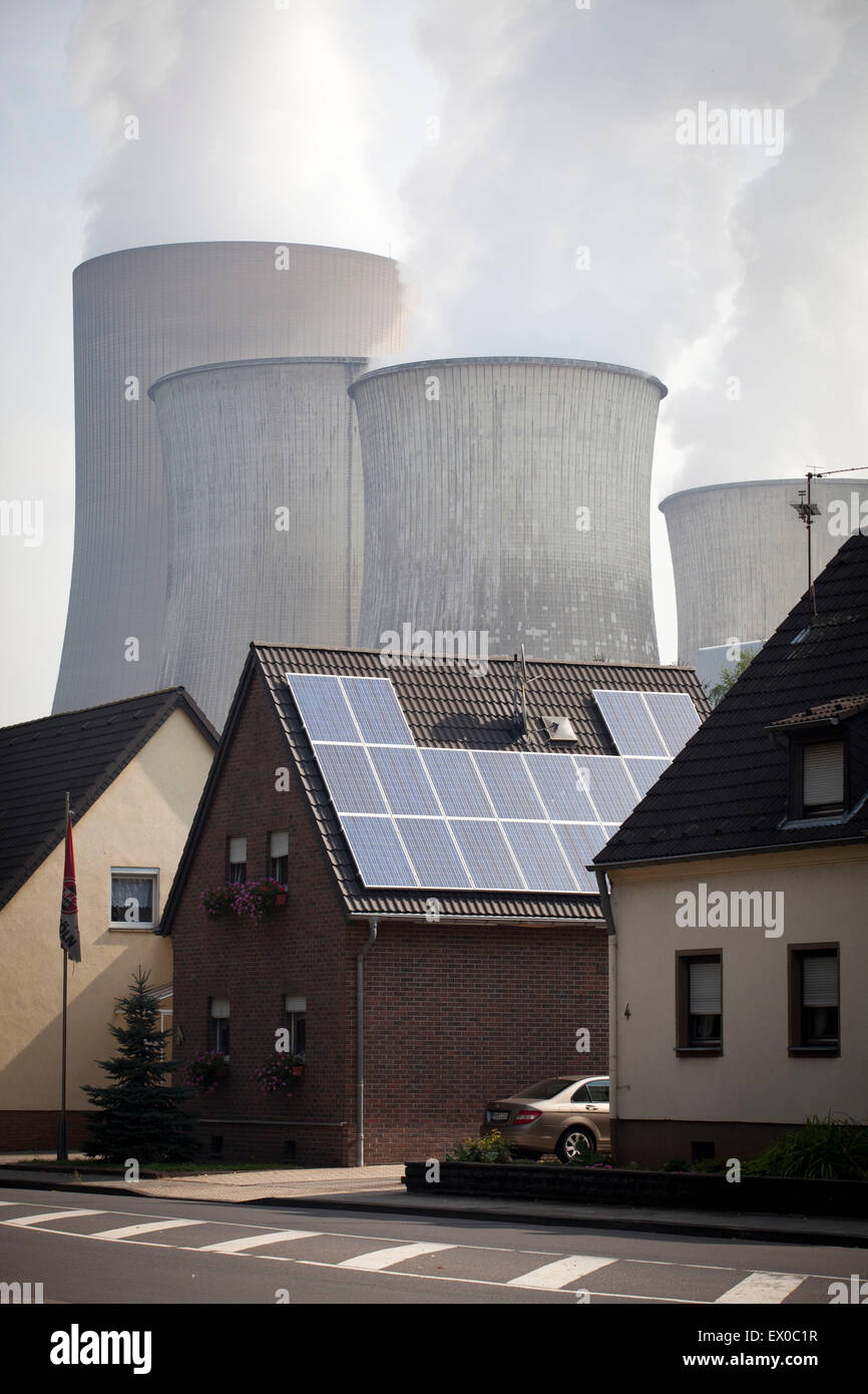 Europe, Germany, North Rhine-Westphalia, Bergheim, brown coal power station Niederaussem, solar collectors on roof Stock Photo