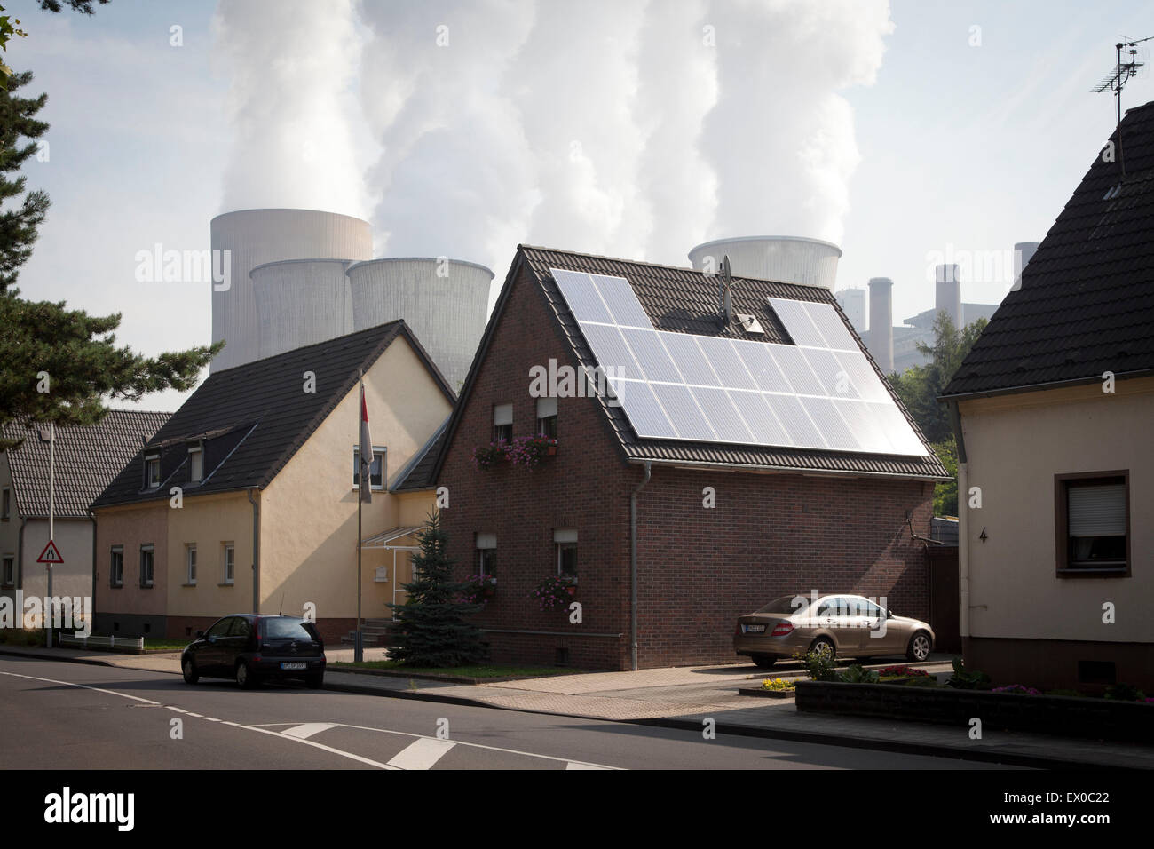 Europe, Germany, North Rhine-Westphalia, Bergheim, brown coal power station Niederaussem, solar collectors on roof Stock Photo