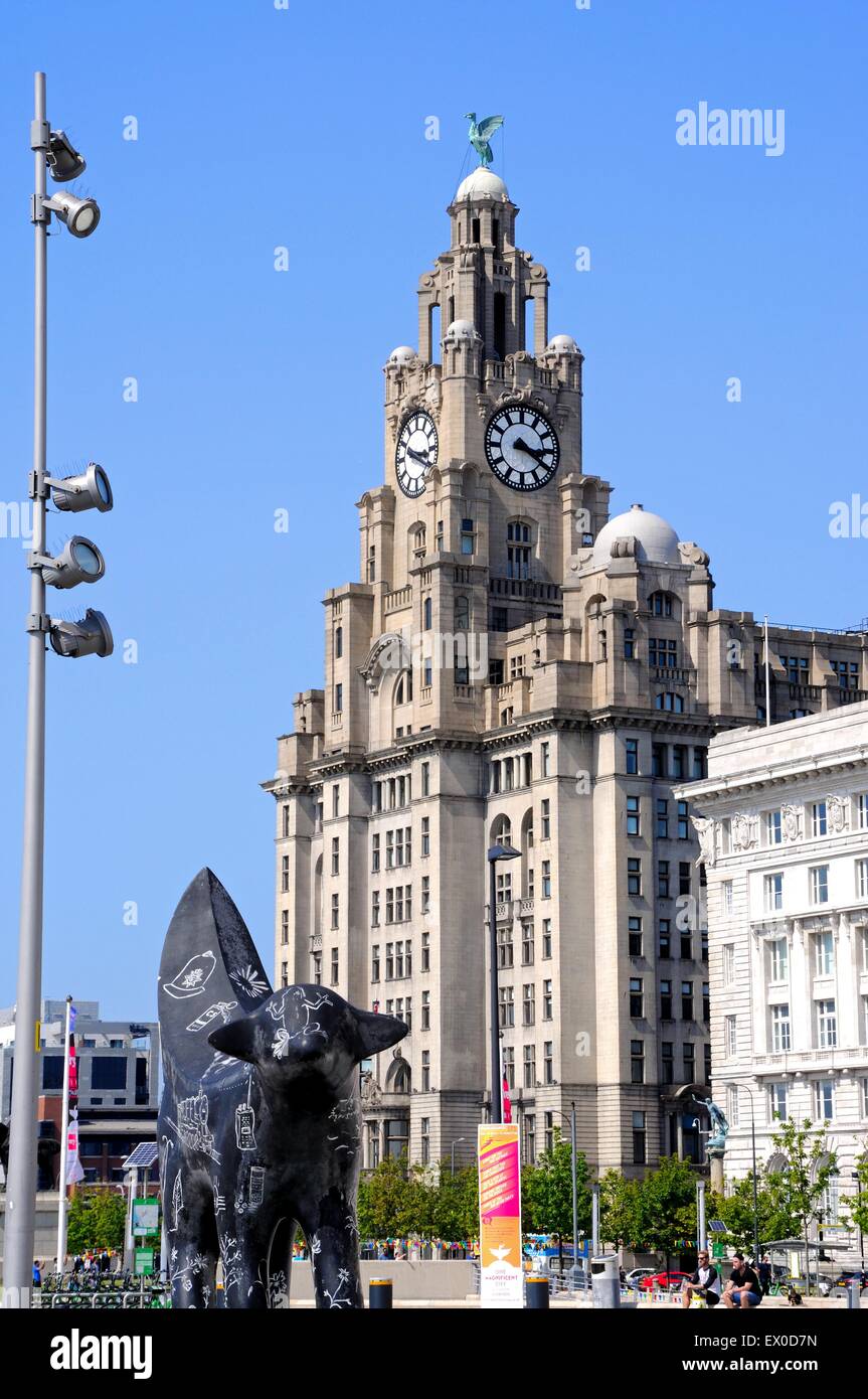 The Royal Liver Building with a Superlambanana in the foreground at Pier Head, Liverpool, Merseyside, England, UK, Europe. Stock Photo