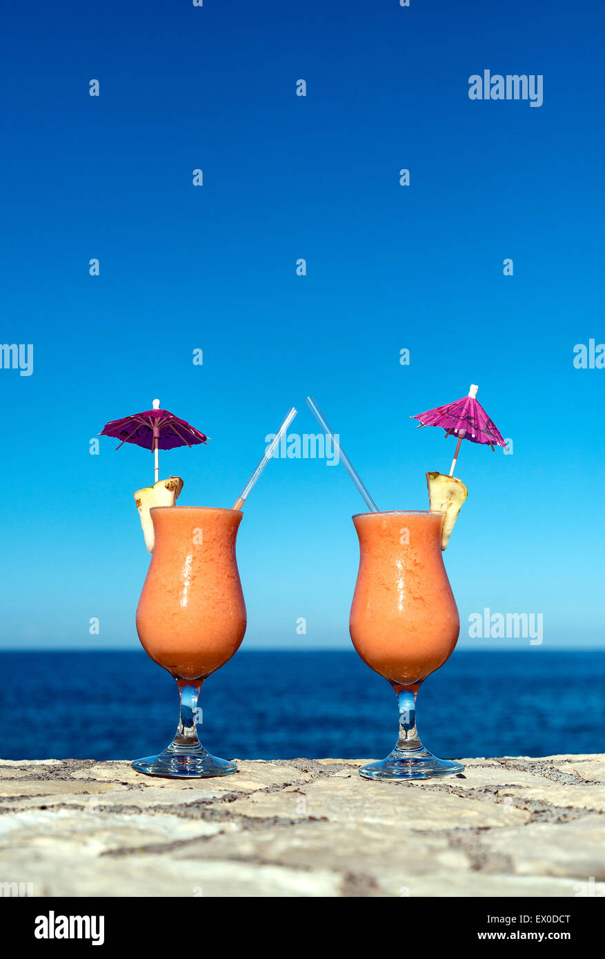 Tropical cocktail beverages at a island resort. Stock Photo