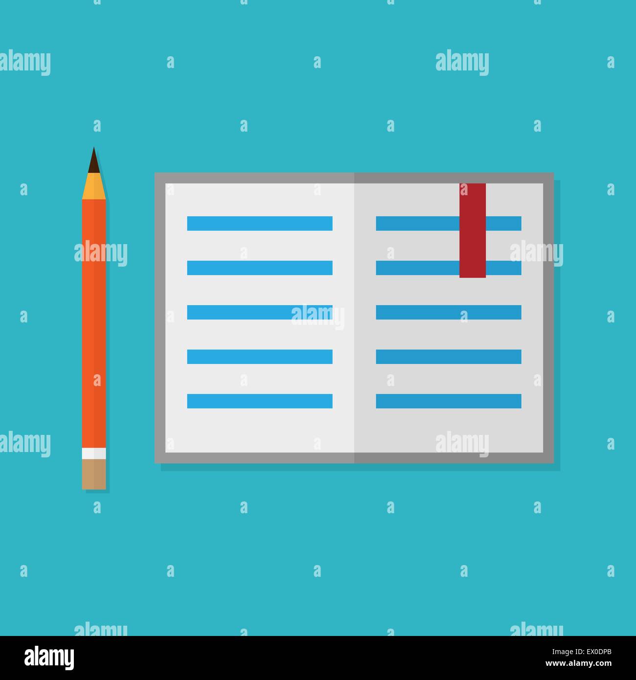 Flat style pencil and opened book. Vector illustration Stock Vector