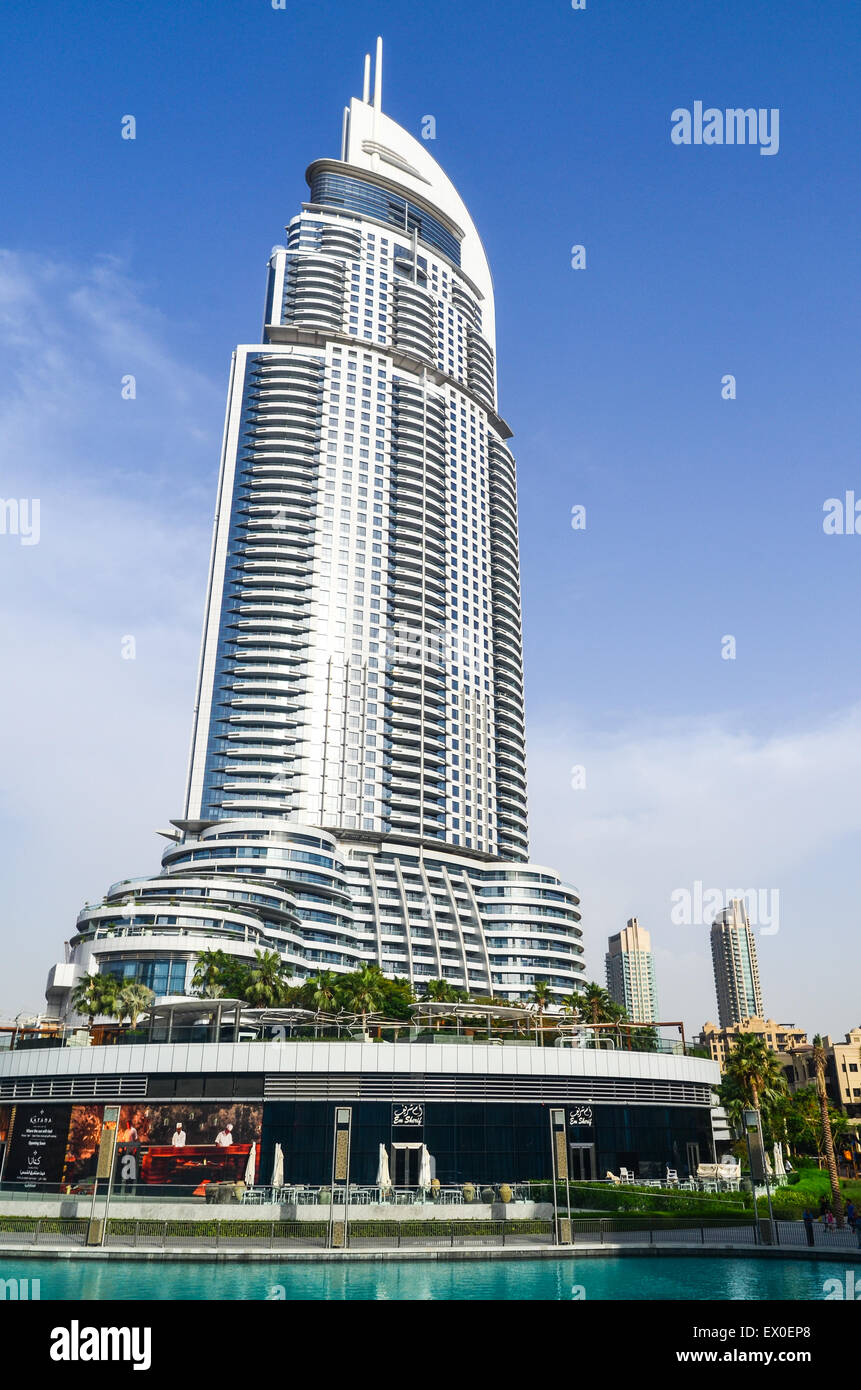 The Address Downtown Dubai, a 302-metre high residential building at Burj Khalifa Lake, Dubai, UAE Stock Photo