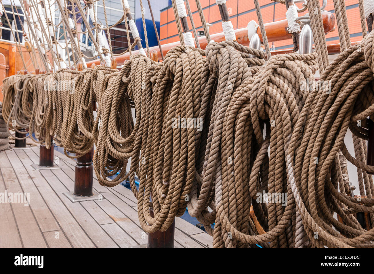 Ropes coiled up on board a sailing ship Stock Photo - Alamy