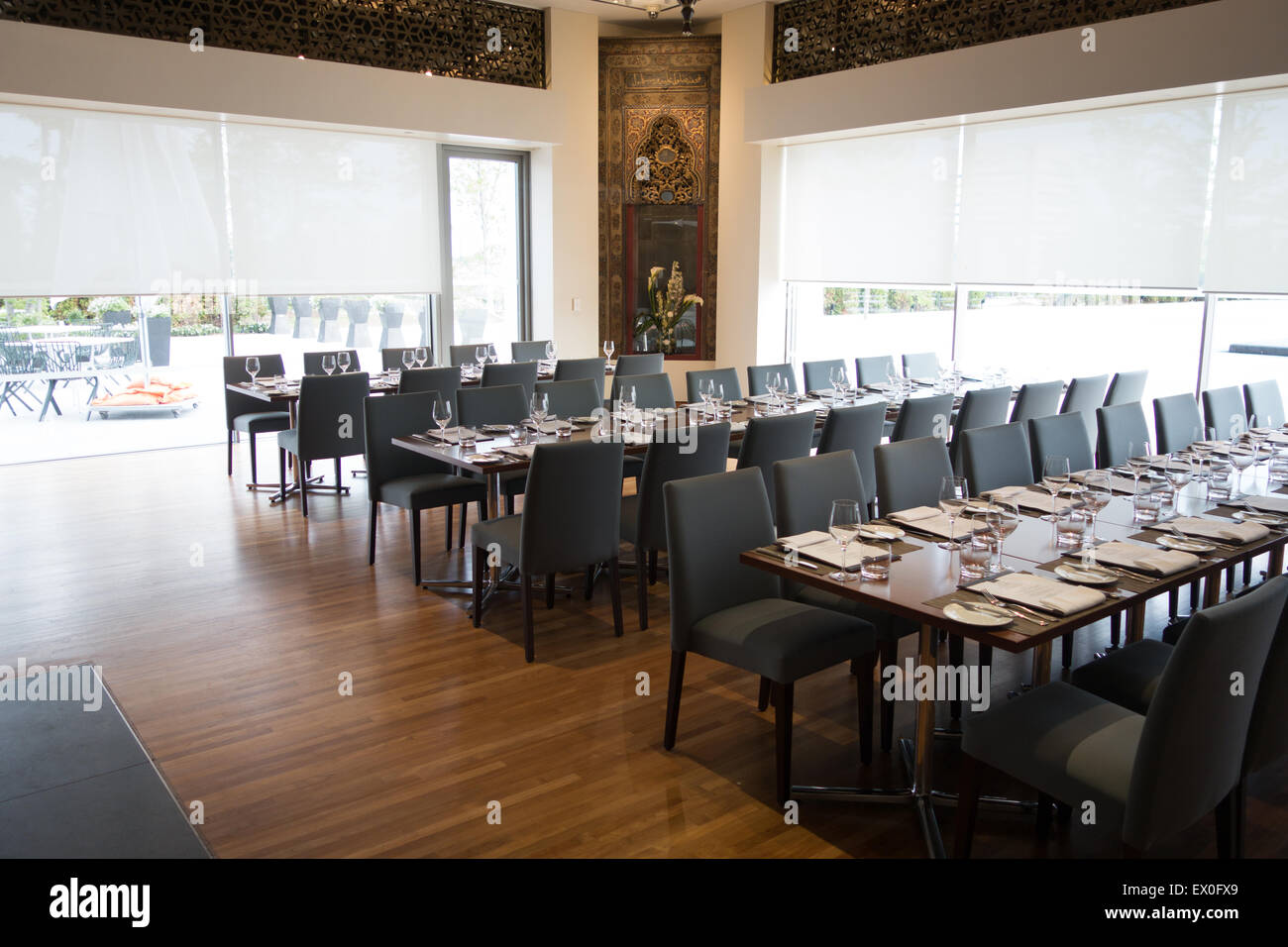 empty restaurant long table Stock Photo