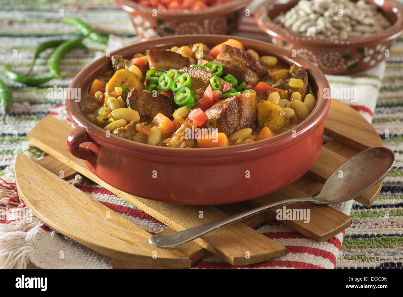 Frijoles con chicharrón. Bean stew with belly pork. Colombia South ...
