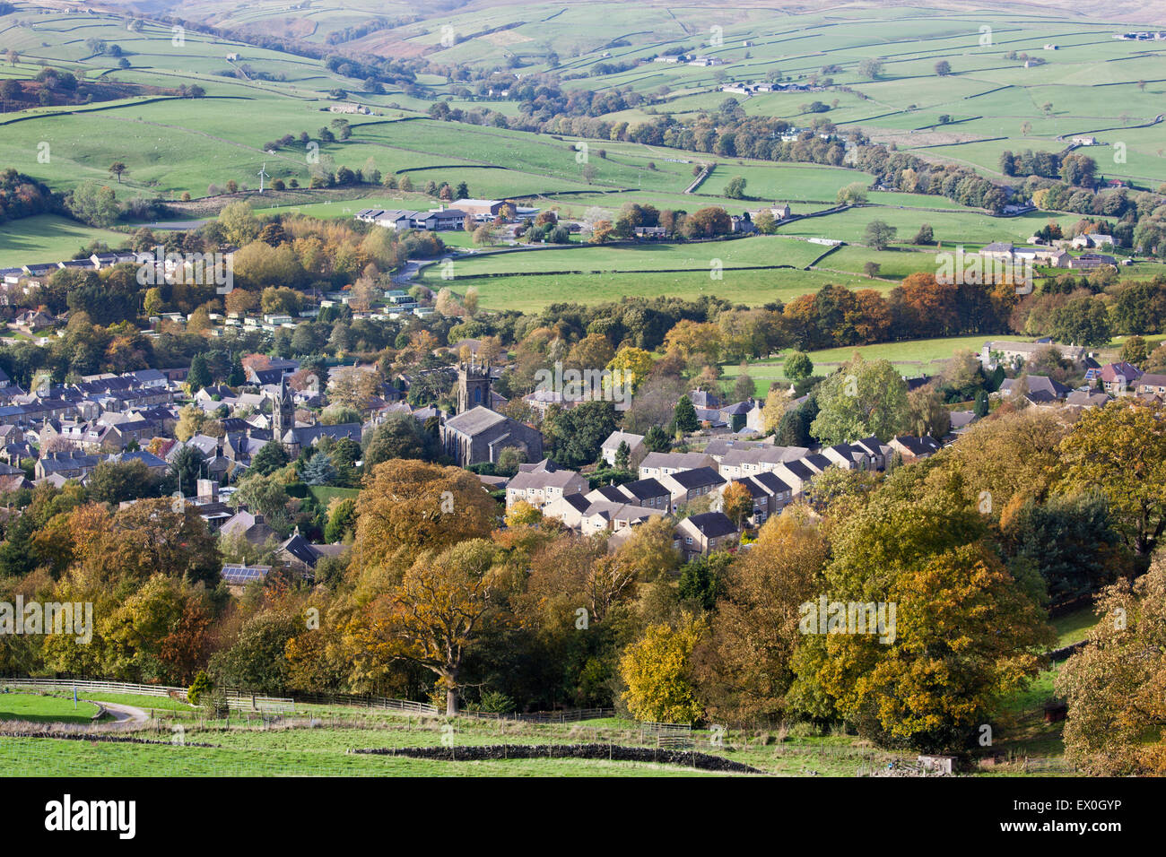 Elevated view down Nidderdale with Pateley Bridge in the foreground, Pateley Bridge, Nidderdale, Yorkshire Dales, UK Stock Photo