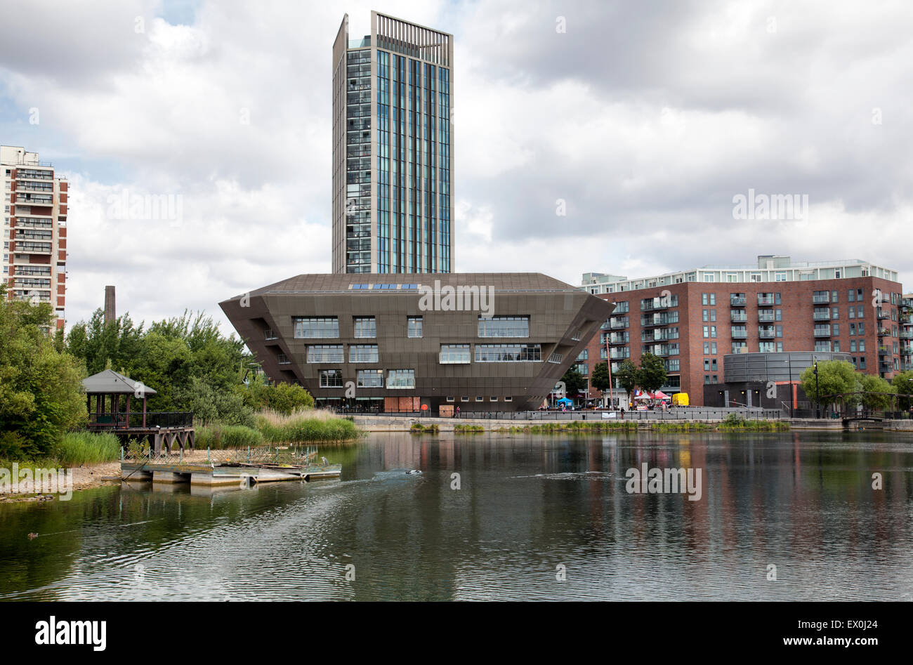 Canada Water Library Building Across Rotherhithe Angling Club Pond in Rotherhithe - London UK Stock Photo