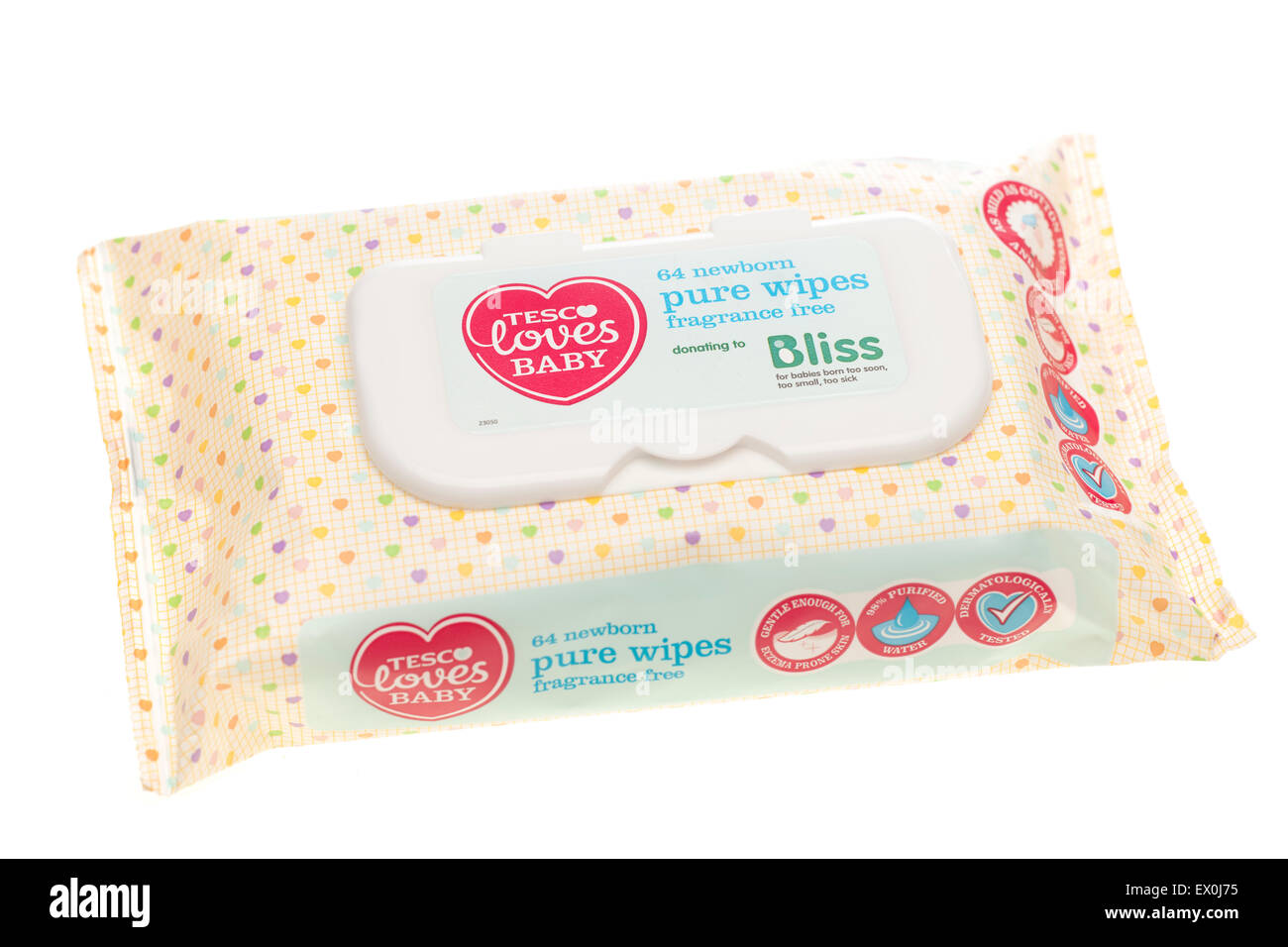 Pack of Tesco fragrance free baby pure wipes      donating to Bliss Stock Photo