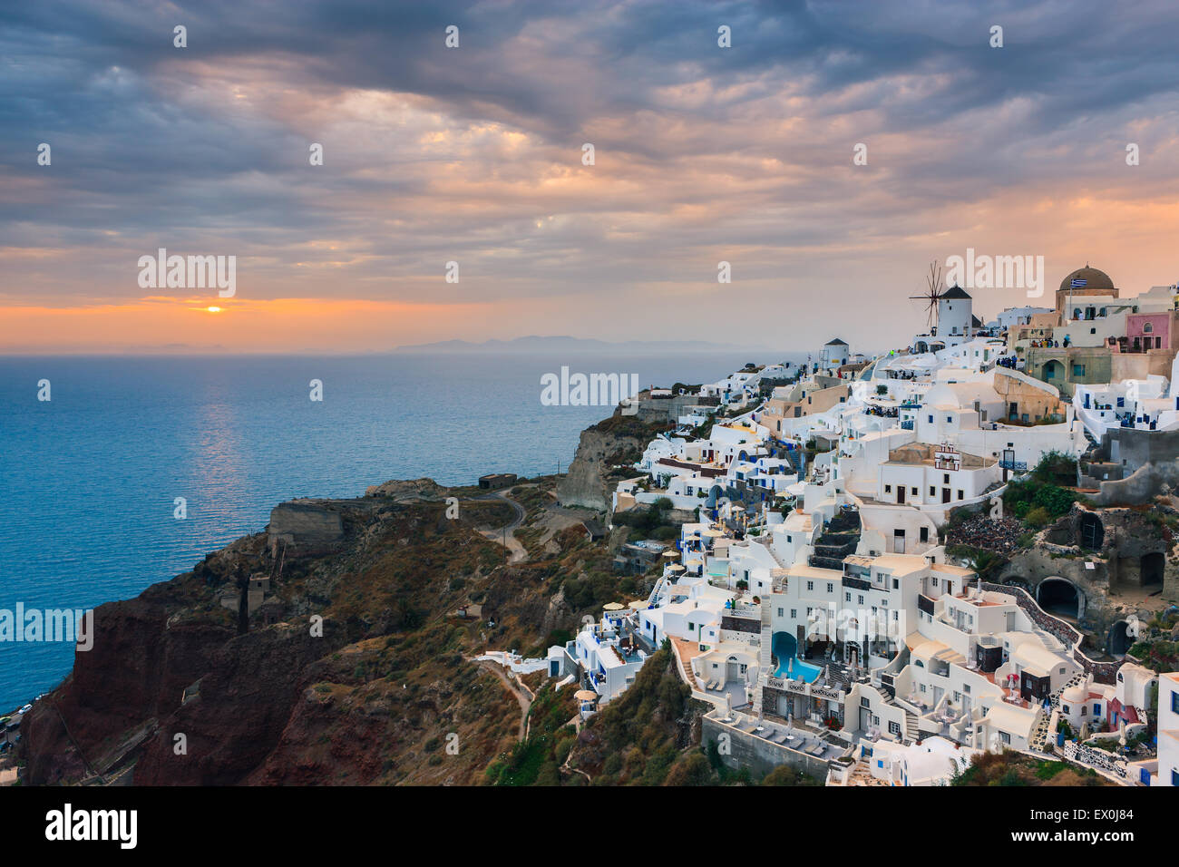 The town of Oia during sunset on Santorini, one of the Cyclades islands in Aegean Sea, Greece. Stock Photo