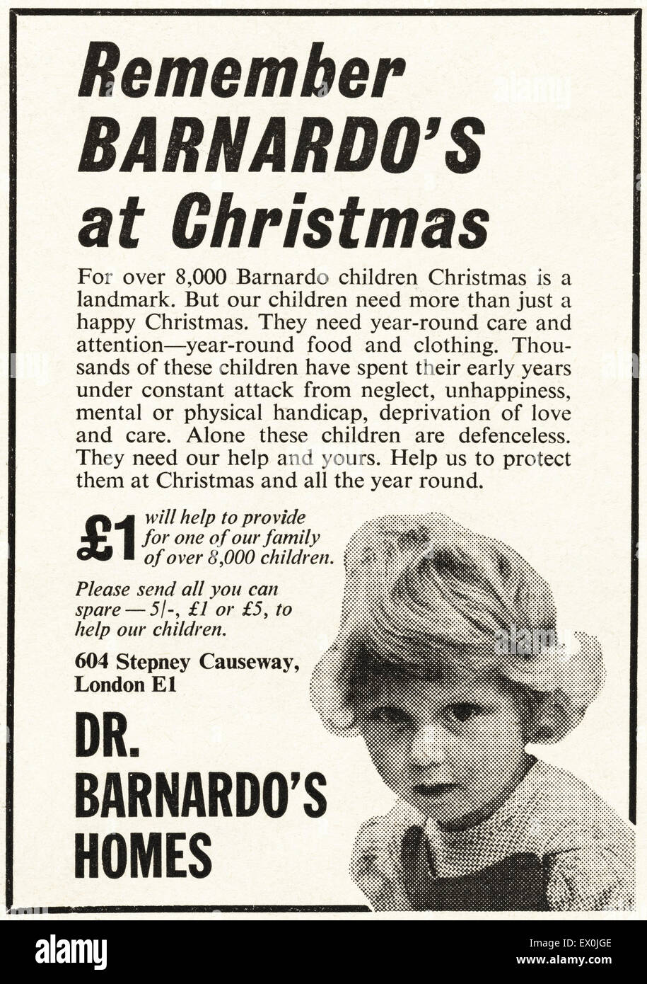 1960s advertisement circa 1964 magazine advert for Dr Barnardo's Homes children's charity at Christmas Stock Photo