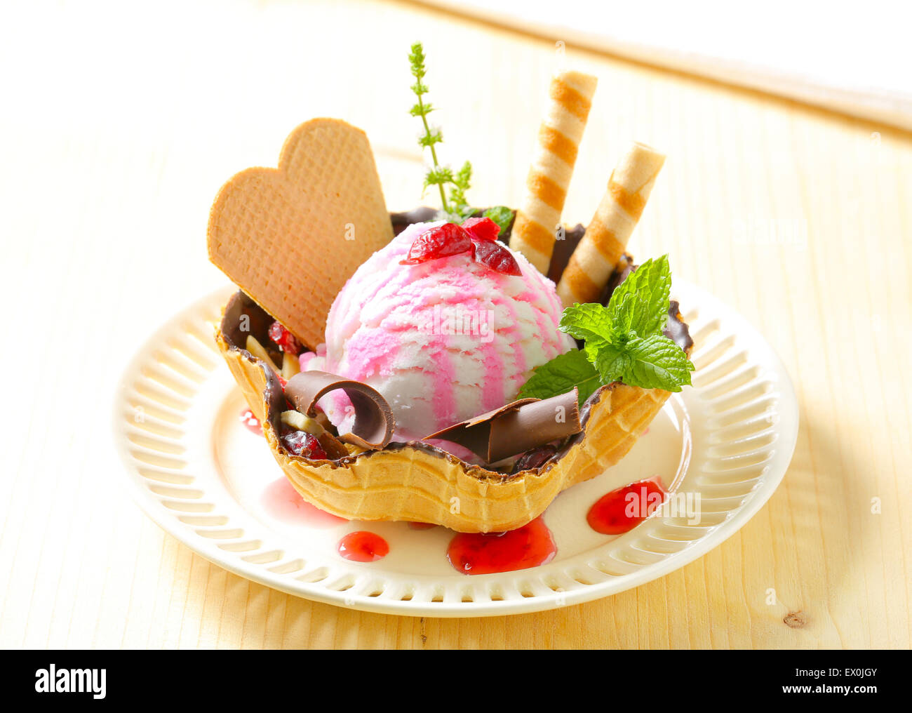 Ice cream served in waffle basket Stock Photo