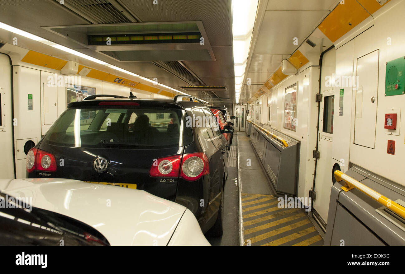 The interior of the Eurotunnel train en route from Calais to Folkestone Stock Photo