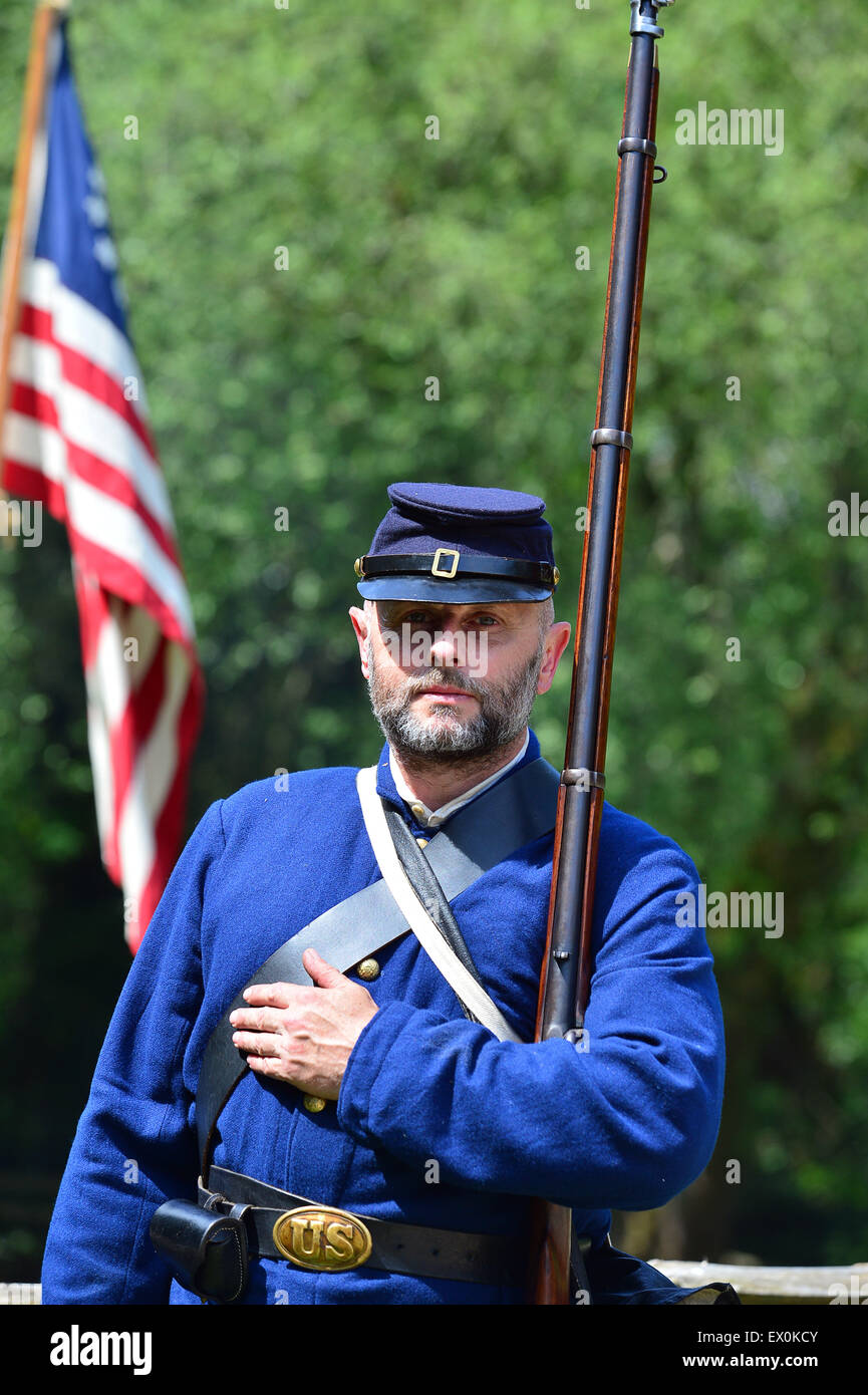 Ulster American Folk Park, County Tyrone, Northern Ireland.  03 July 2015. Independence Day Celebrations. Re-enactments from the American Civil War at the Ulster American Folk Park form part of the Independence Day weekend of celebrations, 3rd – 5th July in Omagh, County Tyrone. Credit:  George Sweeney/Alamy Live News Stock Photo