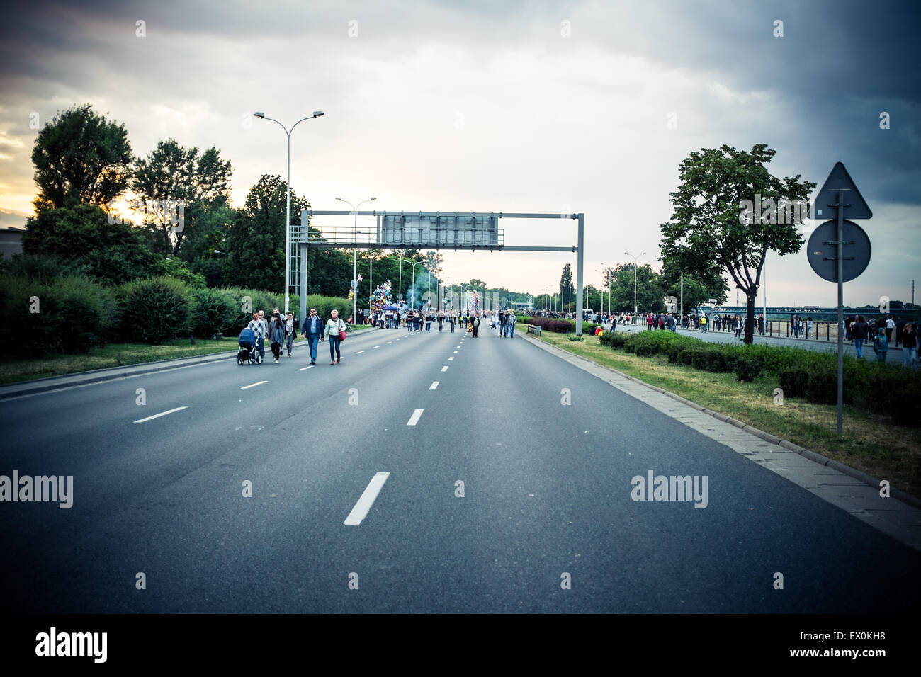 Road closure for Noc Swietojanska music festival on the Vistula riverbank in Warsaw Stock Photo