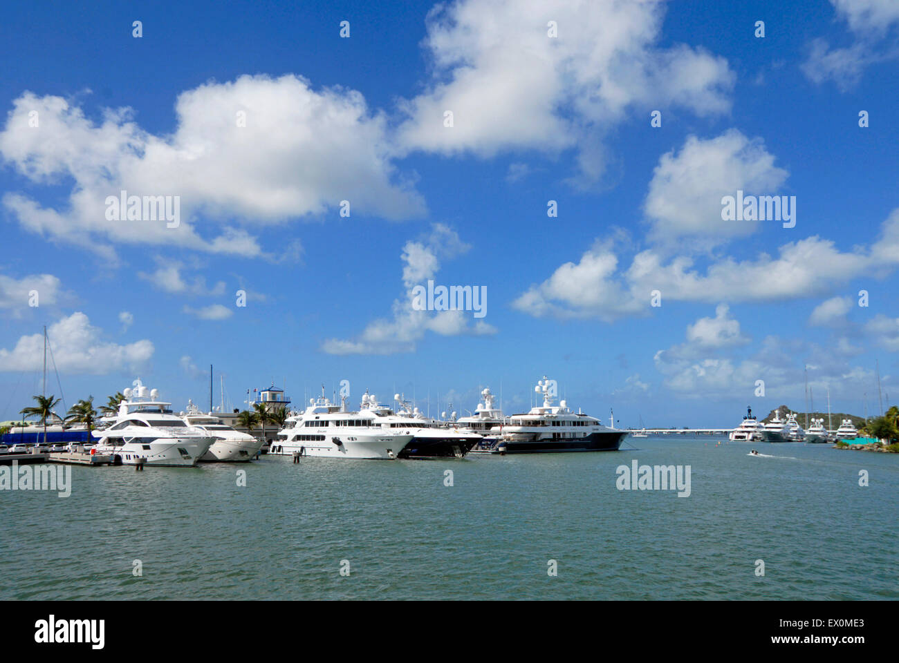 Several prestige boats moored, St Maarten, Caribbean Stock Photo