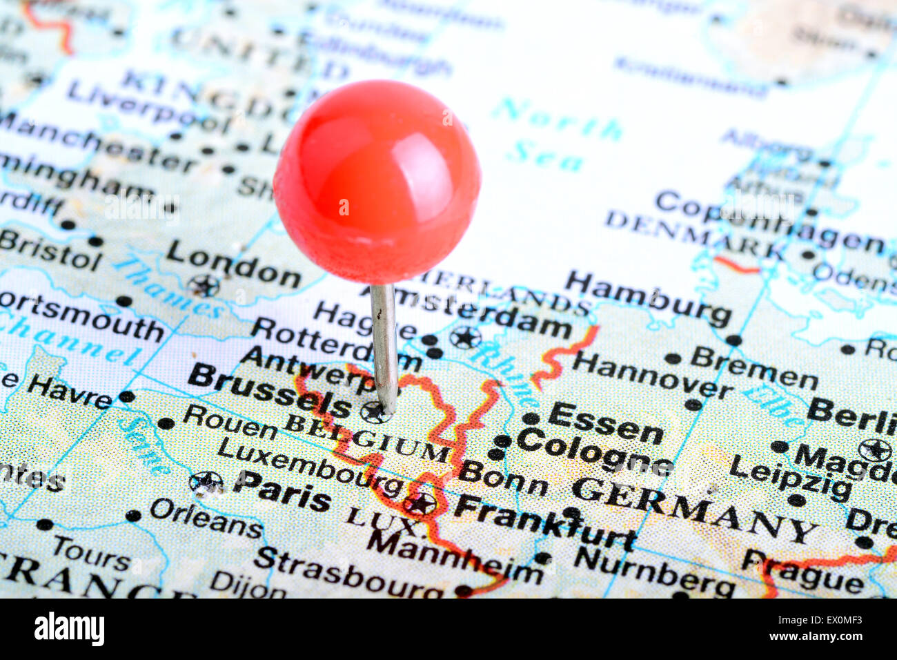 Macro shot of a European map showing Brussels Stock Photo