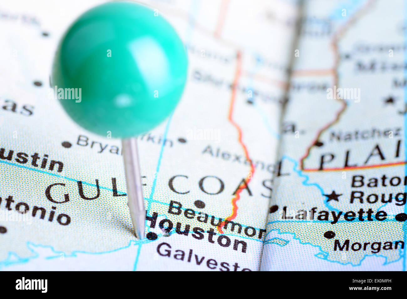 Macro shot of a map showing the city of  Houston, Texas. Stock Photo