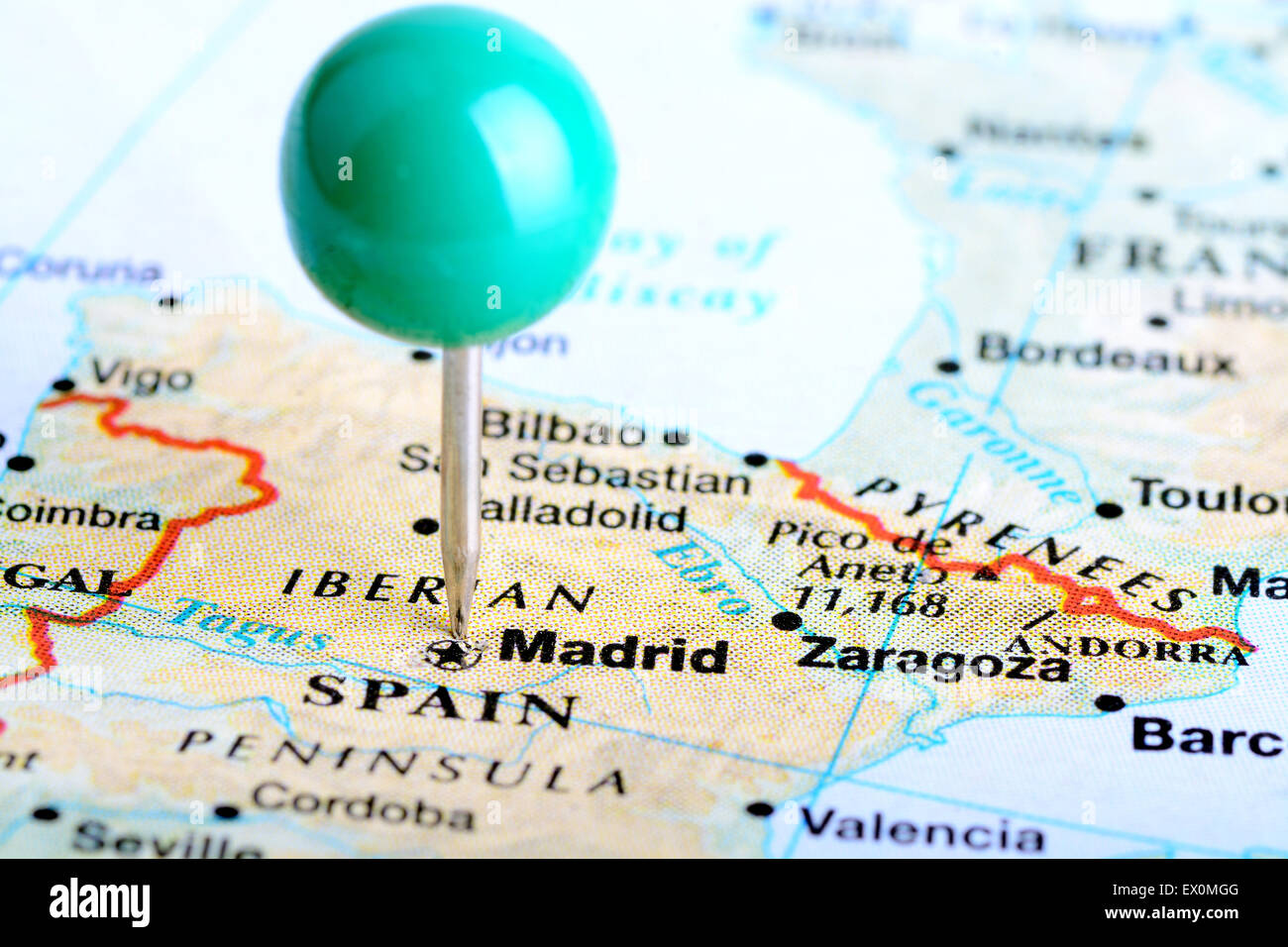 Macro shot of a European map showing Madrid Spain Stock Photo