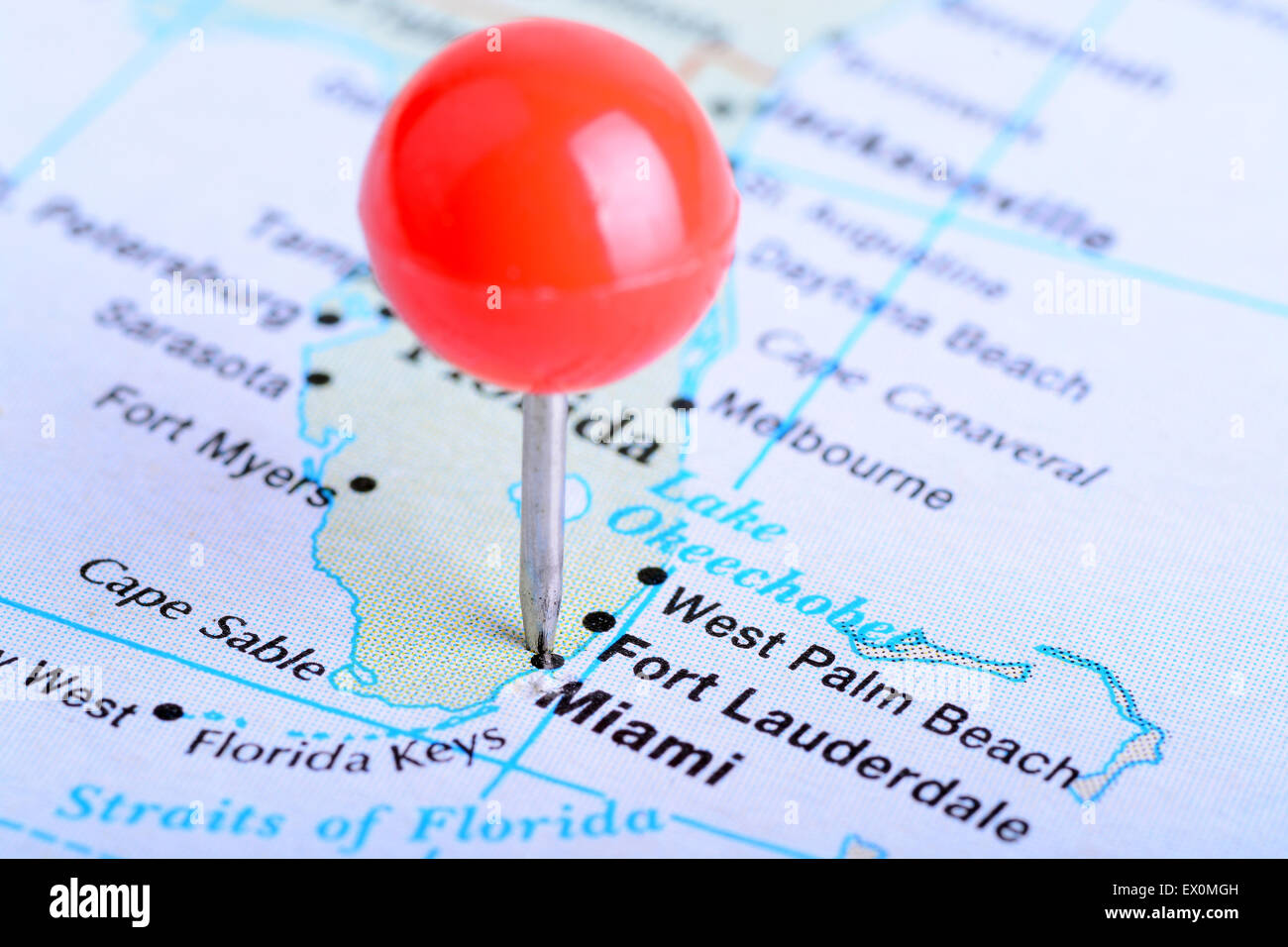 Macro shot of a map showing the city of Miami,Florida Stock Photo