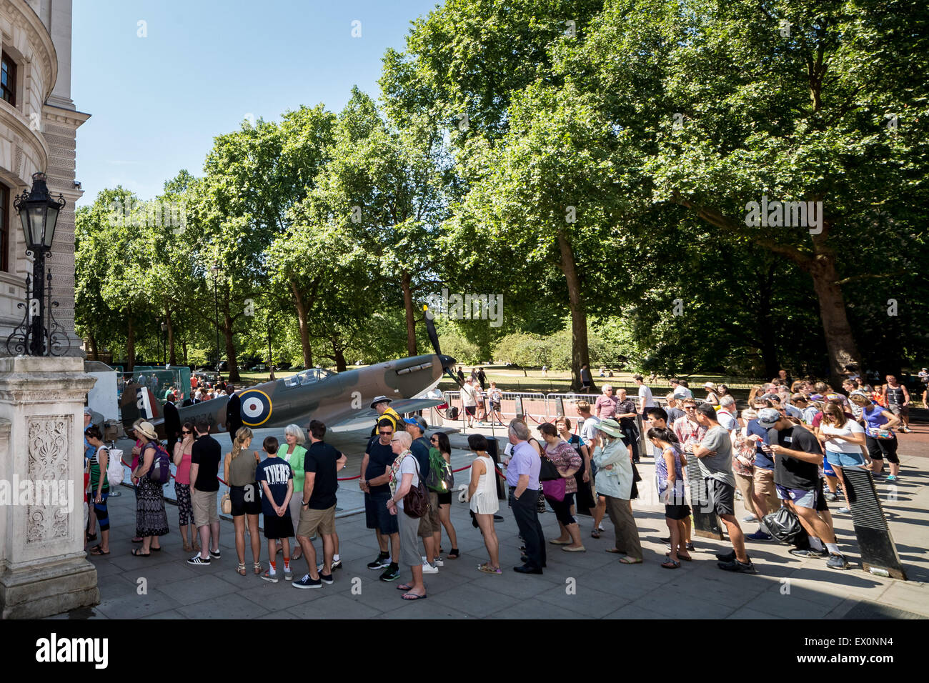 London, UK. 3rd July, 2015. A Vickers Supermarine Spitfire Mk 1A aircraft is pictured outside the Churchill War Rooms before its sale by Christie’s auction house Credit:  Guy Corbishley/Alamy Live News Stock Photo