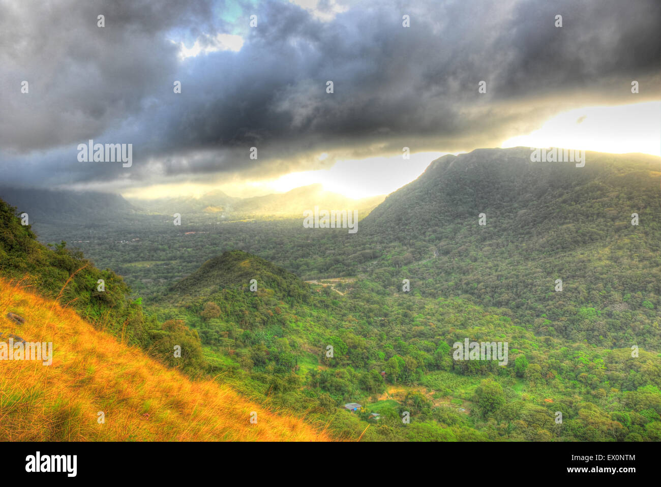 Beautiful view of the mountains with the sun coming out at El Valle de Anton, Panama Stock Photo