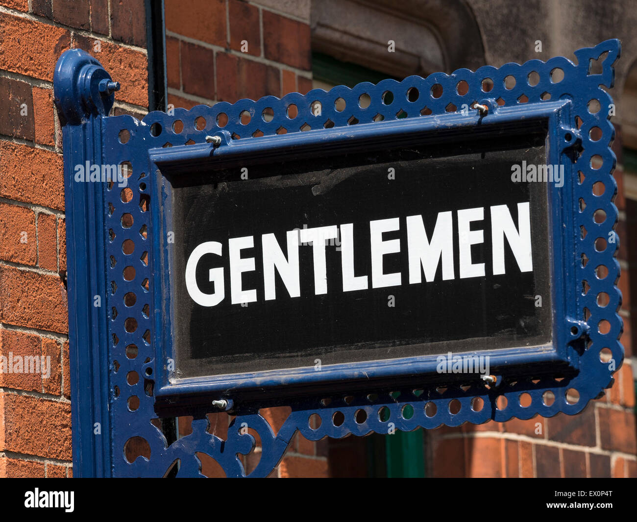 Vintage Gentlemen toilet sign on the station platform at Loughborough, on The Great Central Railway, Leicestershire,Britain. Stock Photo
