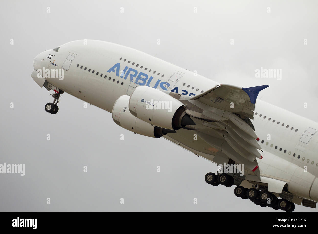 Airbus 380 taking off at the 2015 Le Bourget airshow Stock Photo