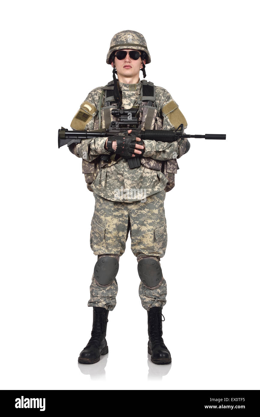soldier with rifle on a white background Stock Photo - Alamy