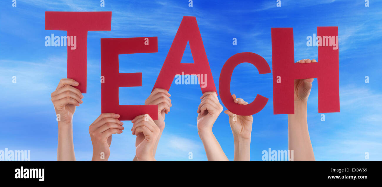 Many People Hands Holding Red Word Teach Blue Sky Stock Photo - Alamy