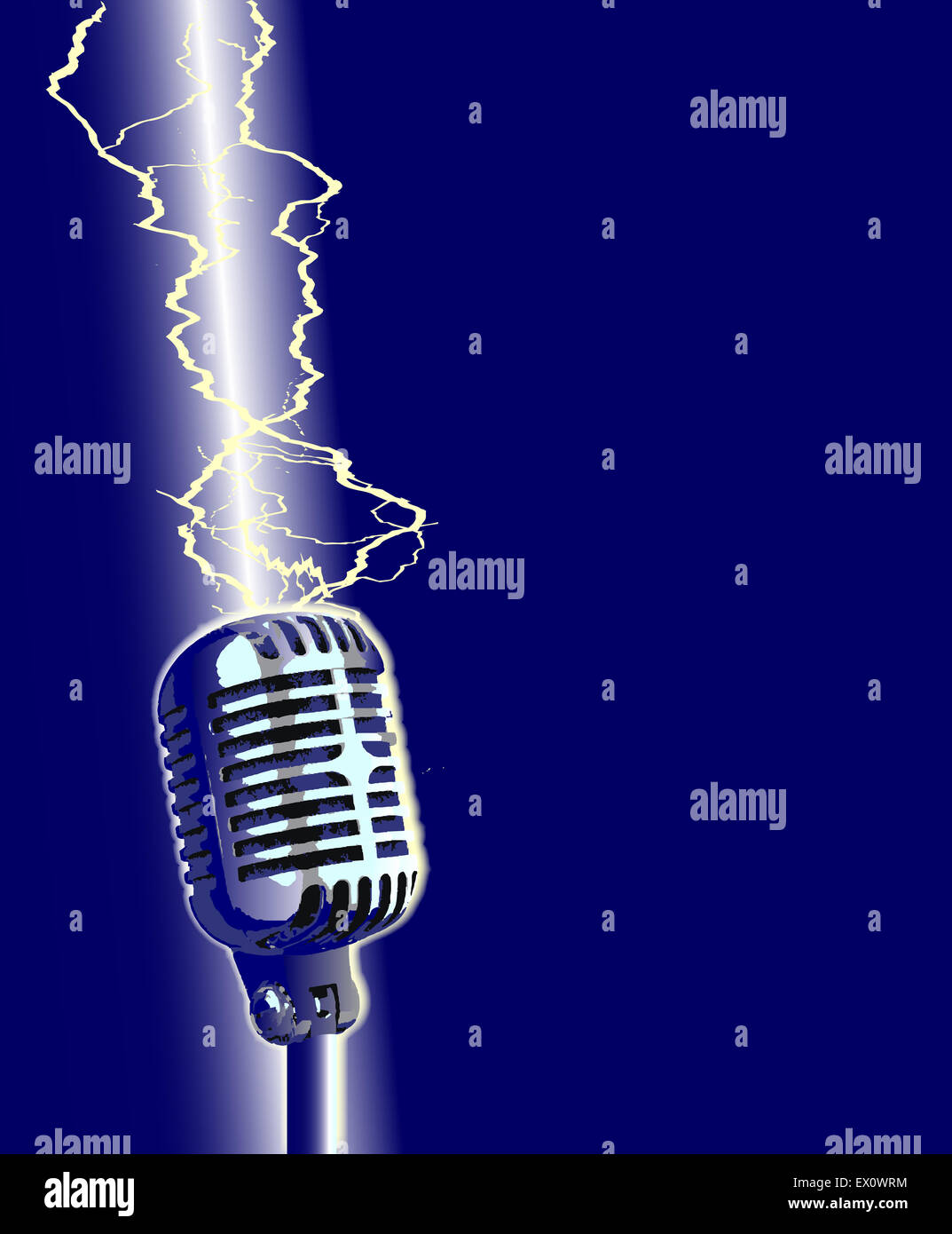 A stage microphone being struck by a lightning bolt Stock Photo