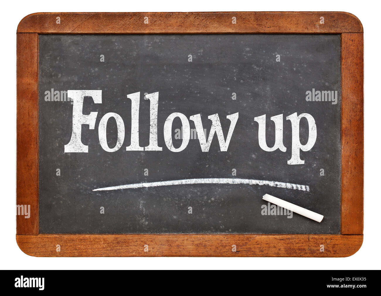 Follow up sign- text in white chalk on a vintage slate blackboard Stock Photo