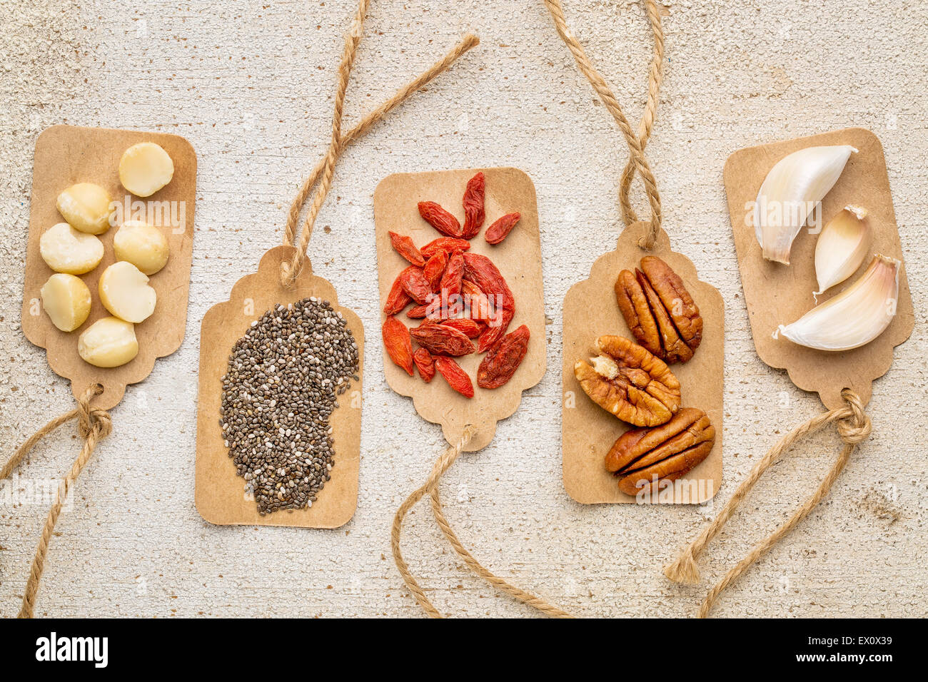 Superfood Abstract With Price Tags Against Rustic Barn Wood Stock