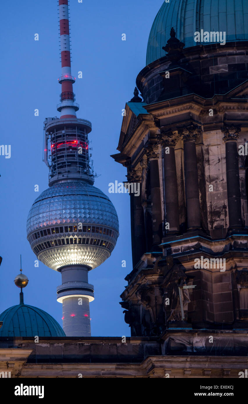 Fernsehturm TV Tower and tower of Berliner Dom Cathedral at night Mitte Berlin Germany Stock Photo