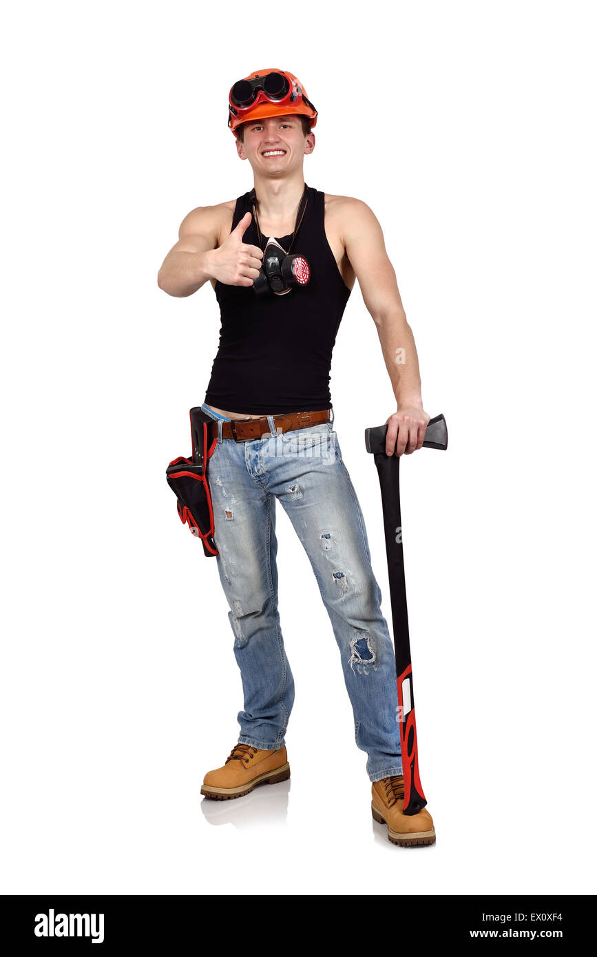 handyman with ax showing thumb up on a white background Stock Photo