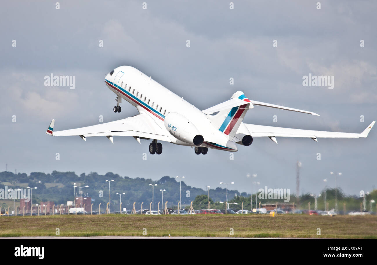 Rembrandt Tobacco Group Bombardier Global 6000 VP-BOK departing  London-Luton Airport LTN Stock Photo