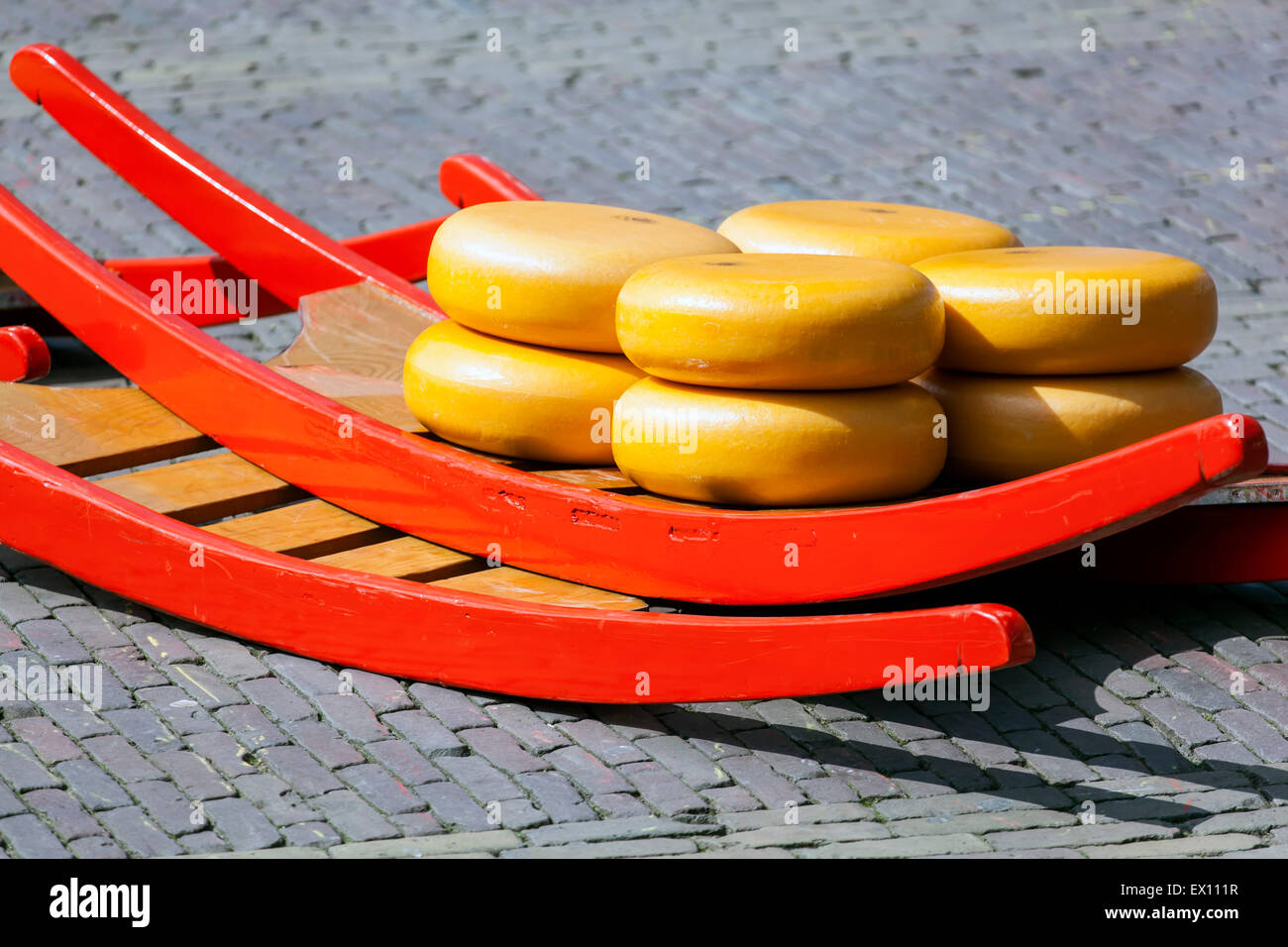 Cheese rounds on sled, Alkmaar Cheese Market, Holland, The Netherlands ...