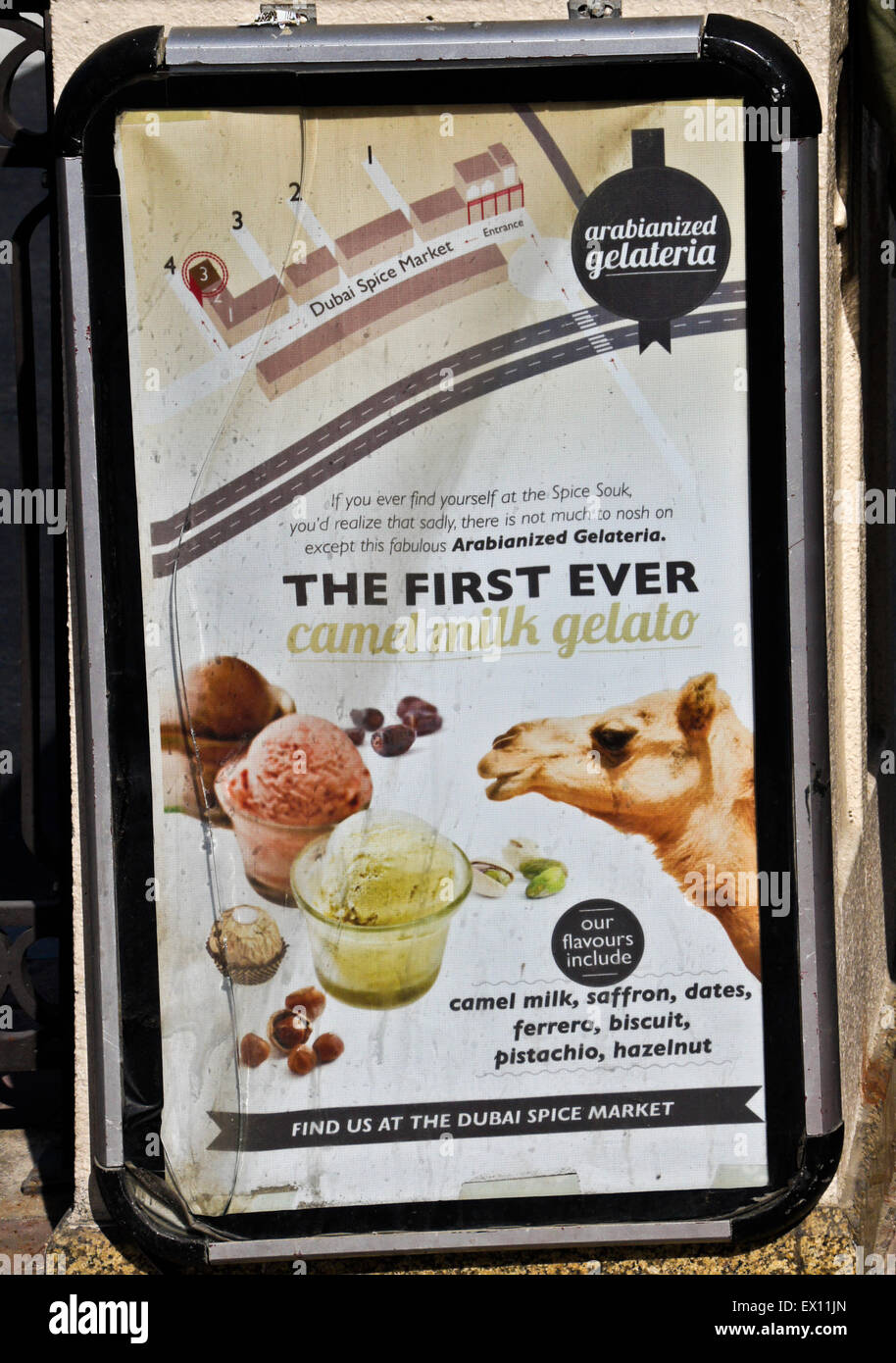 Advertisement for camel milk gelato, Dubai, United Arab Emirates Stock Photo
