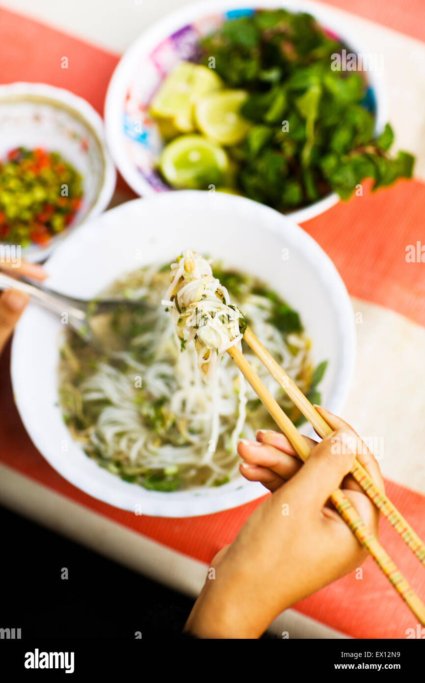 Noodle stand at morning market; bowl of noodle soup. Luang Prabang
