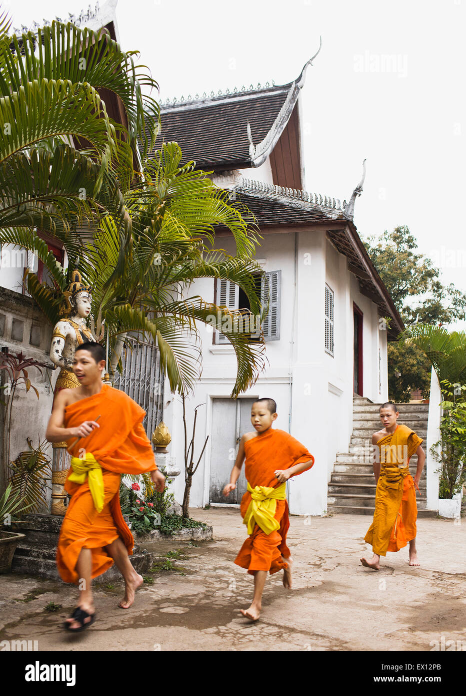 Novice monks run to breakfast at Wat Nong Sikhunmeuang. Luang Prabang, Laos. Stock Photo